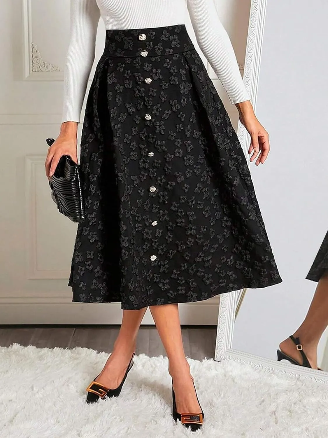 Women's Vintage High Waist Midi Skirt A Line Ruffle Skirt Embroidery Floral Flowy Long Skirt