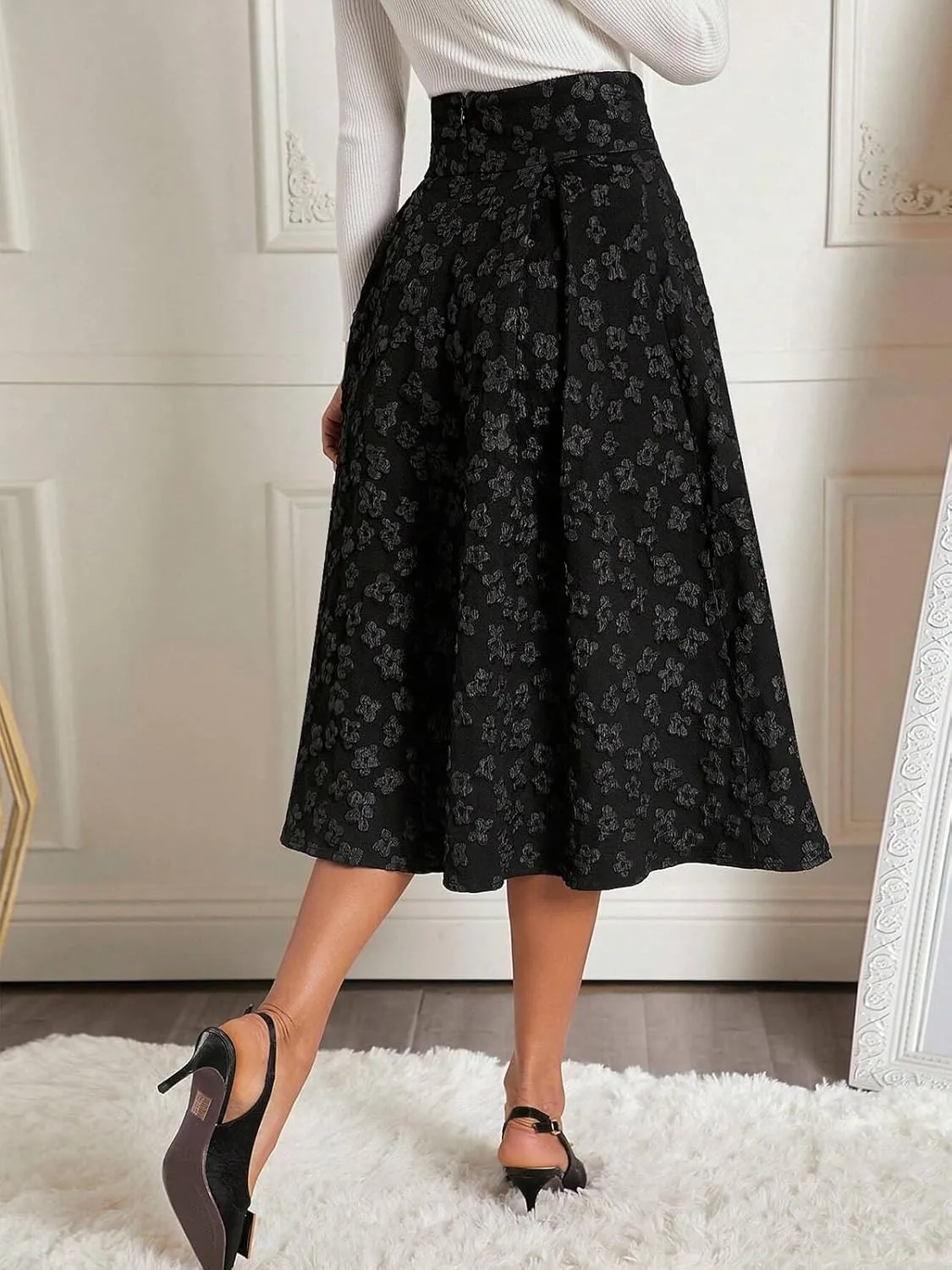 Women's Vintage High Waist Midi Skirt A Line Ruffle Skirt Embroidery Floral Flowy Long Skirt