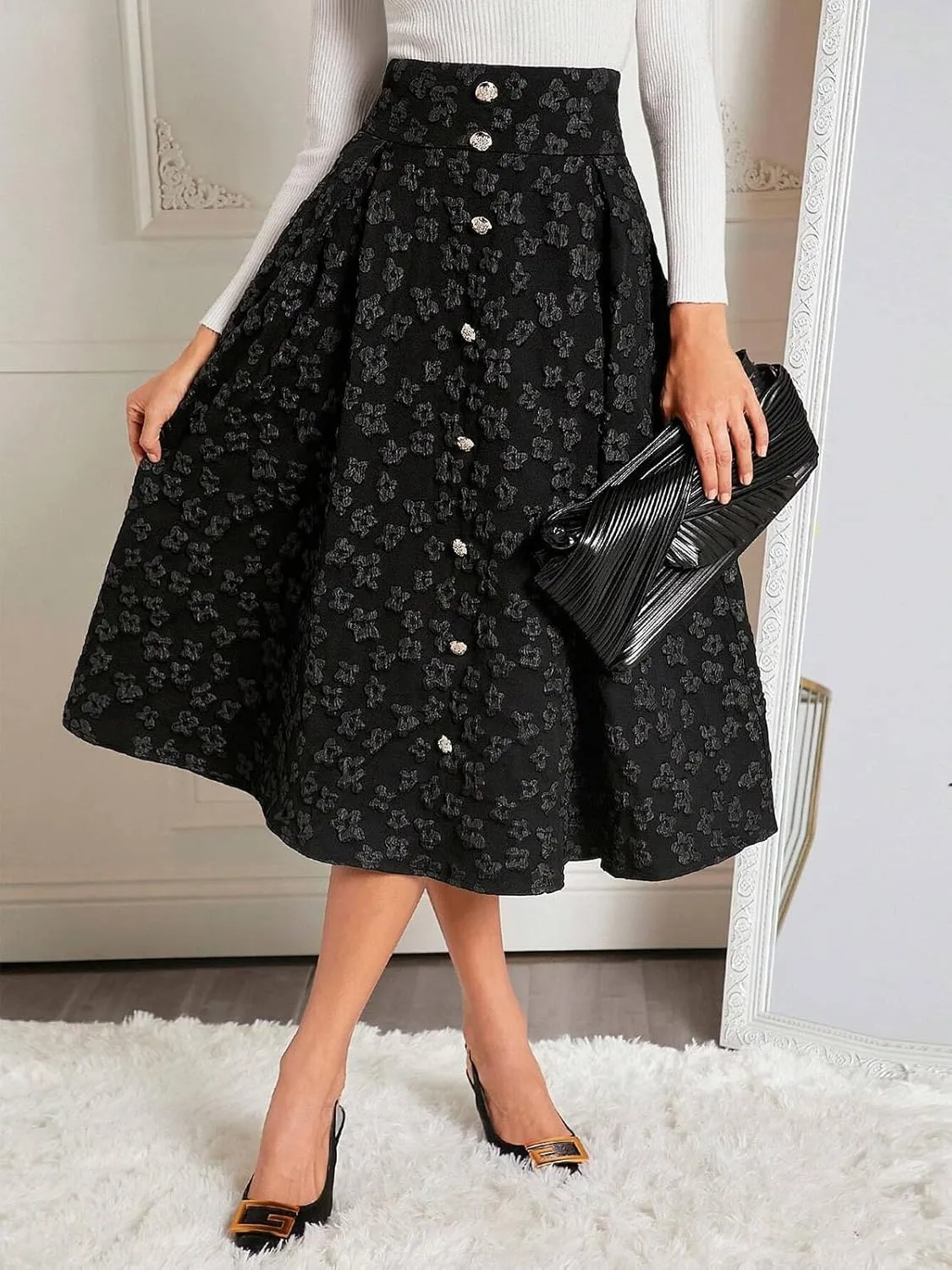 Women's Vintage High Waist Midi Skirt A Line Ruffle Skirt Embroidery Floral Flowy Long Skirt