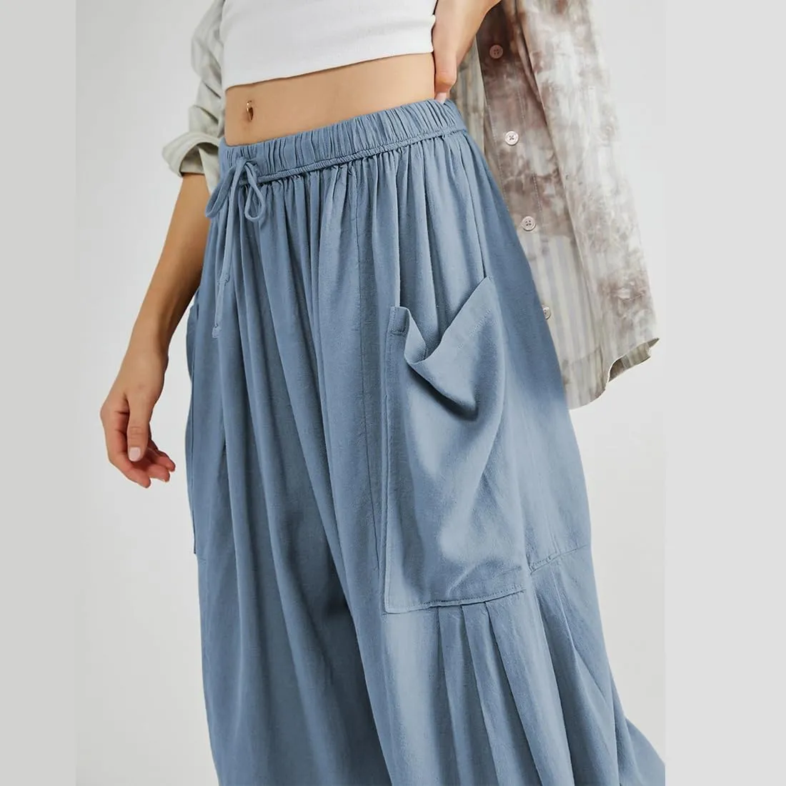 Women's Wide Leg Baggy Casual Lantern Pants Summer Beach High Waisted Capris Yoga Palazzo Elastic Waist Trousers