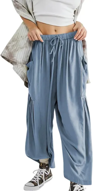 Women's Wide Leg Baggy Casual Lantern Pants Summer Beach High Waisted Capris Yoga Palazzo Elastic Waist Trousers