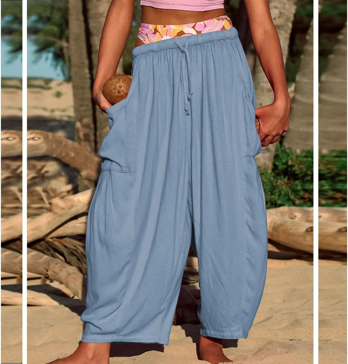 Women's Wide Leg Baggy Casual Lantern Pants Summer Beach High Waisted Capris Yoga Palazzo Elastic Waist Trousers