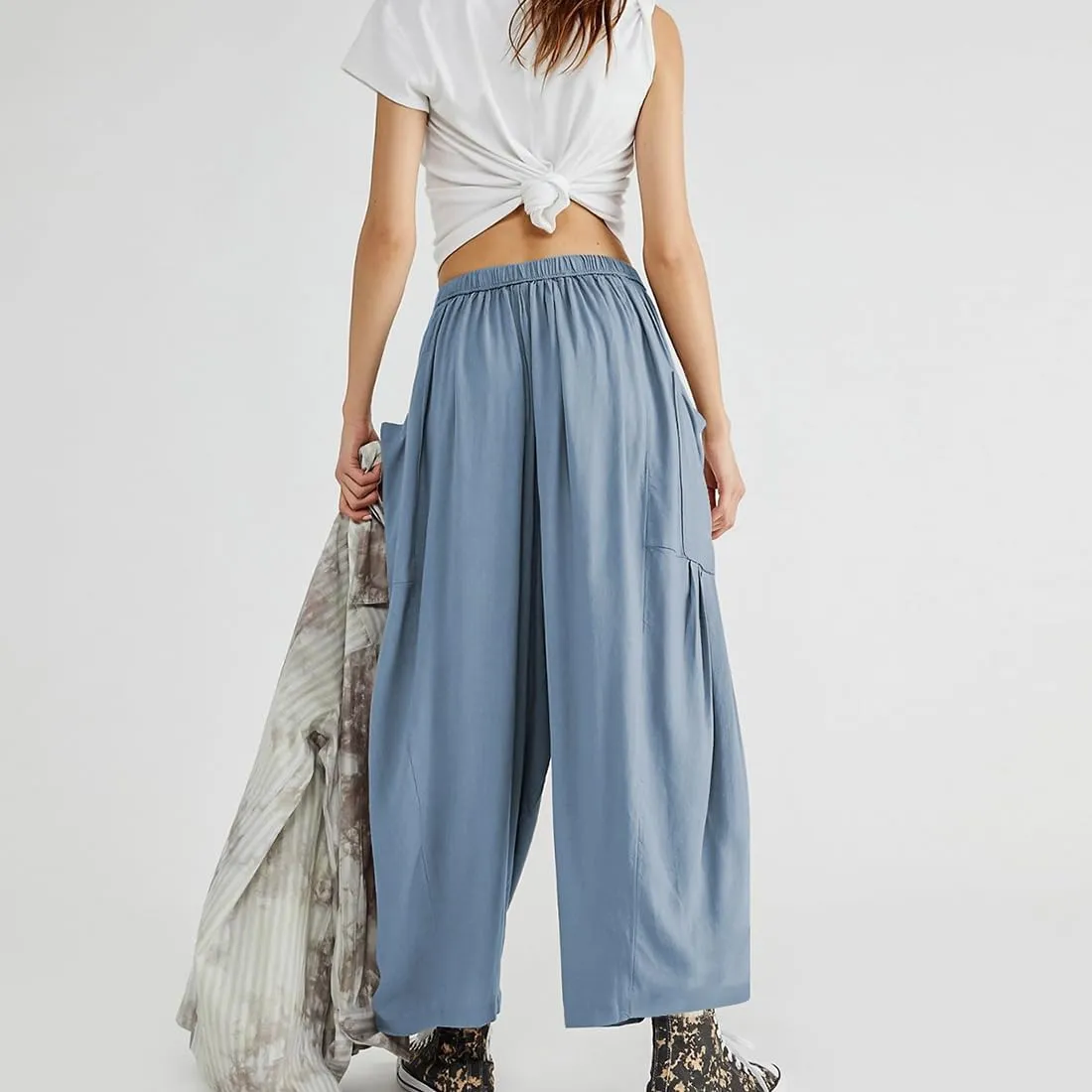 Women's Wide Leg Baggy Casual Lantern Pants Summer Beach High Waisted Capris Yoga Palazzo Elastic Waist Trousers