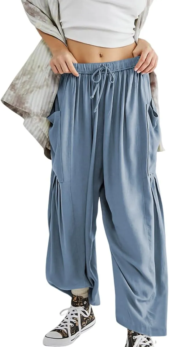 Women's Wide Leg Baggy Casual Lantern Pants Summer Beach High Waisted Capris Yoga Palazzo Elastic Waist Trousers
