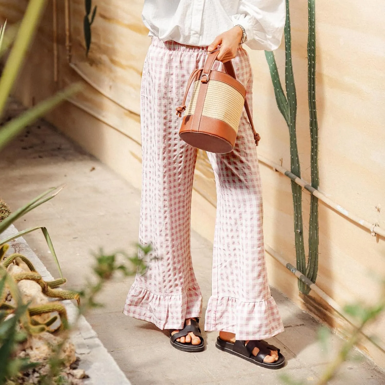 Womens Y2k Gingham Pants Ruffled Straight Leg Lounge Pants Elastic Waist Plaid Wide Leg Loose Trousers Streetwear