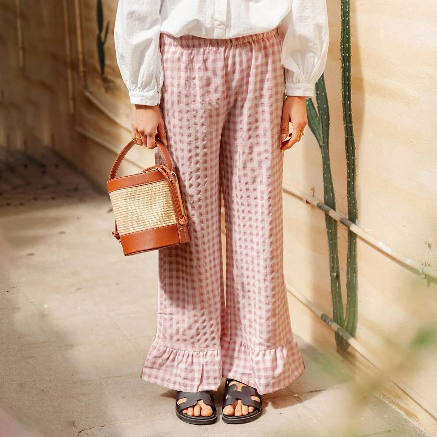 Womens Y2k Gingham Pants Ruffled Straight Leg Lounge Pants Elastic Waist Plaid Wide Leg Loose Trousers Streetwear