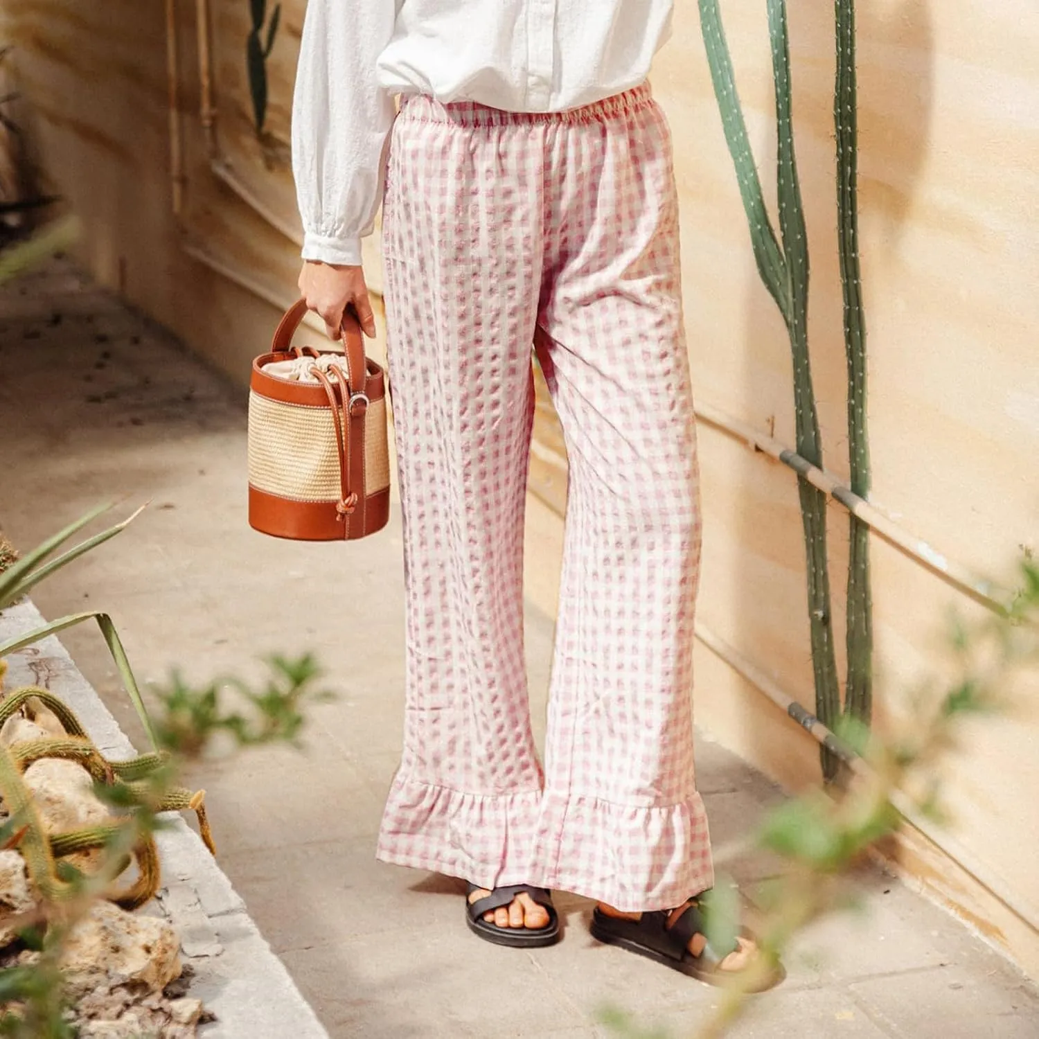 Womens Y2k Gingham Pants Ruffled Straight Leg Lounge Pants Elastic Waist Plaid Wide Leg Loose Trousers Streetwear