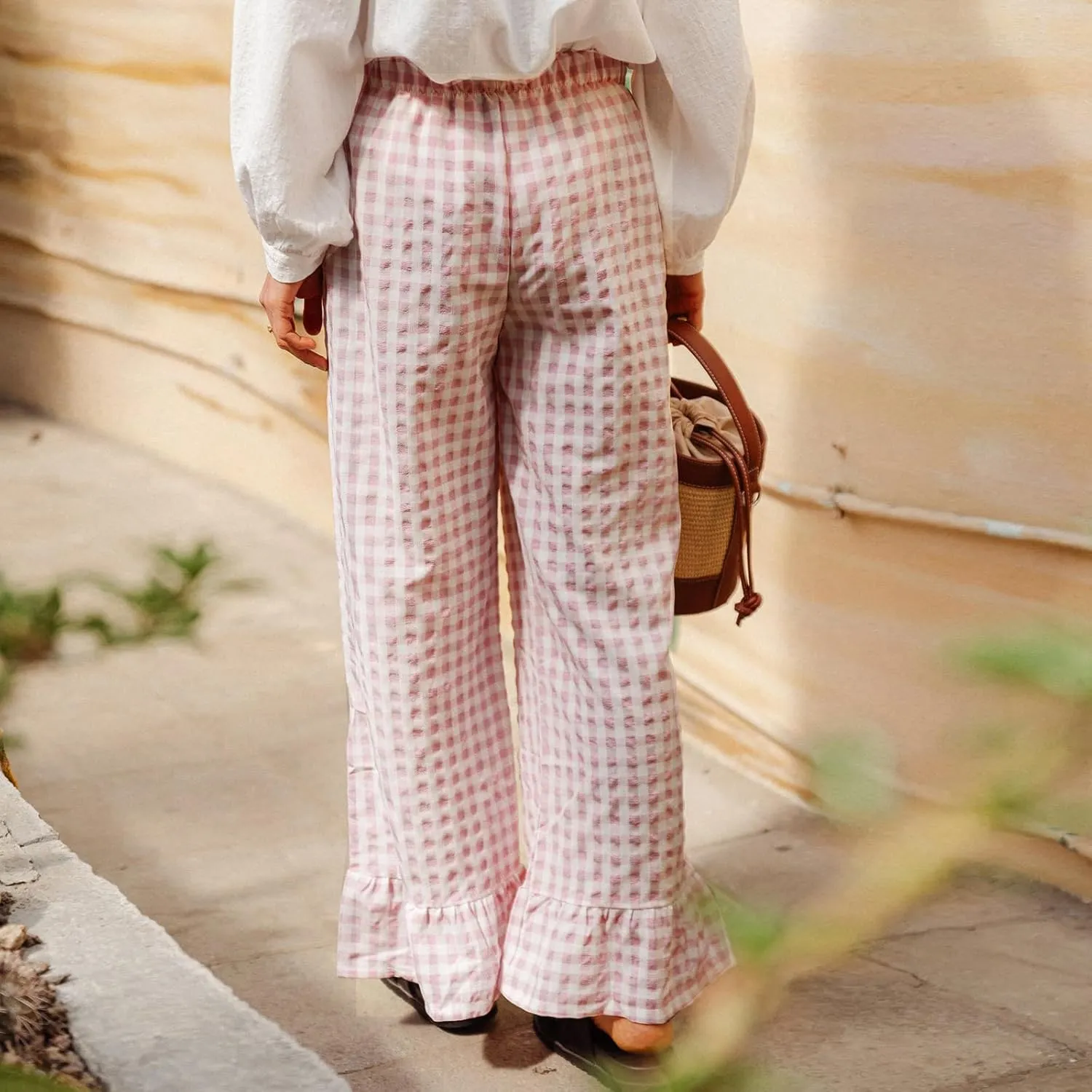 Womens Y2k Gingham Pants Ruffled Straight Leg Lounge Pants Elastic Waist Plaid Wide Leg Loose Trousers Streetwear