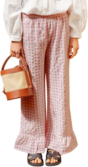 Womens Y2k Gingham Pants Ruffled Straight Leg Lounge Pants Elastic Waist Plaid Wide Leg Loose Trousers Streetwear