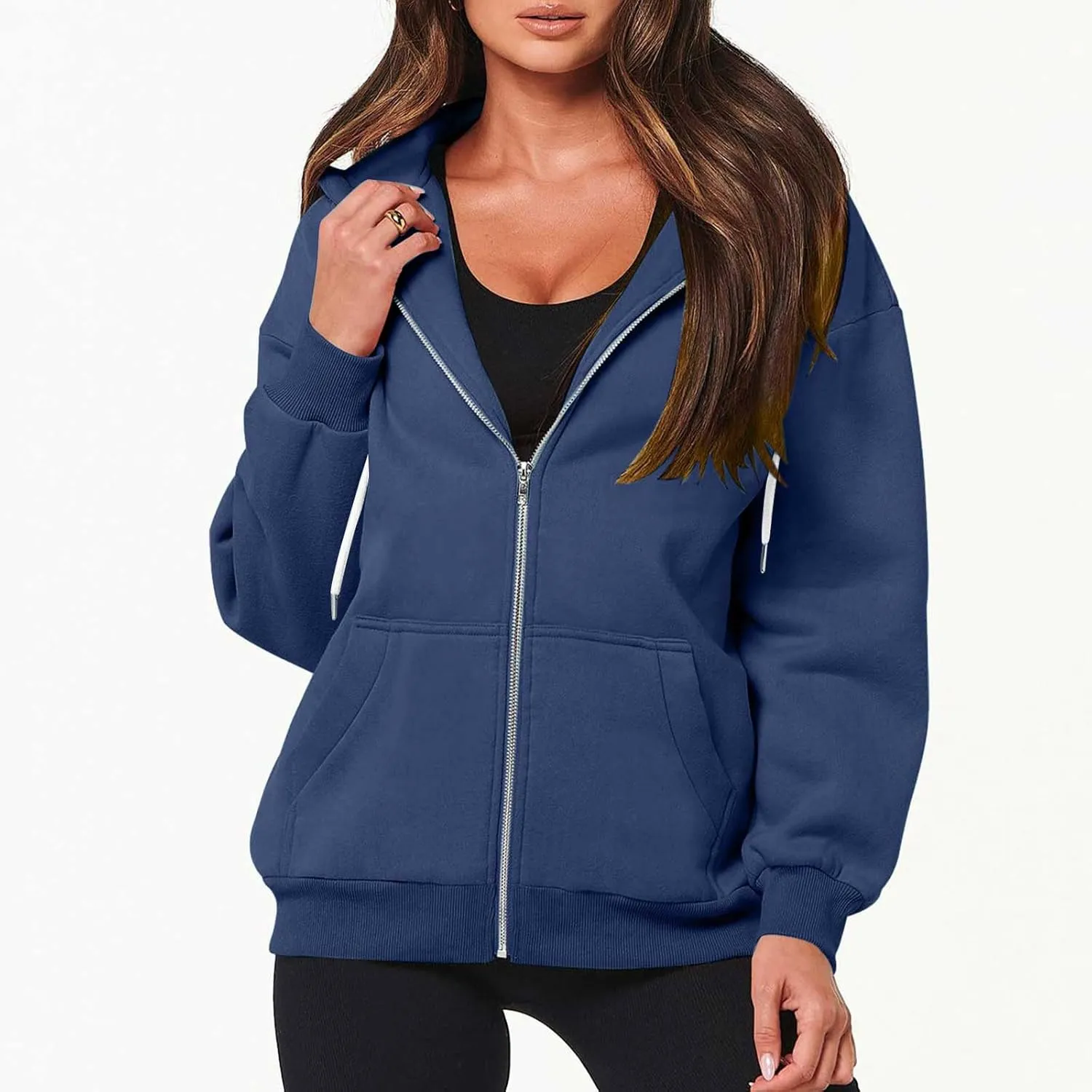 Women's Zipper Open Front Hoodies Fall Fashion 2023 Casual Solid Long Sleeve Pocket Jacket Coats Y2K Winter Clothes