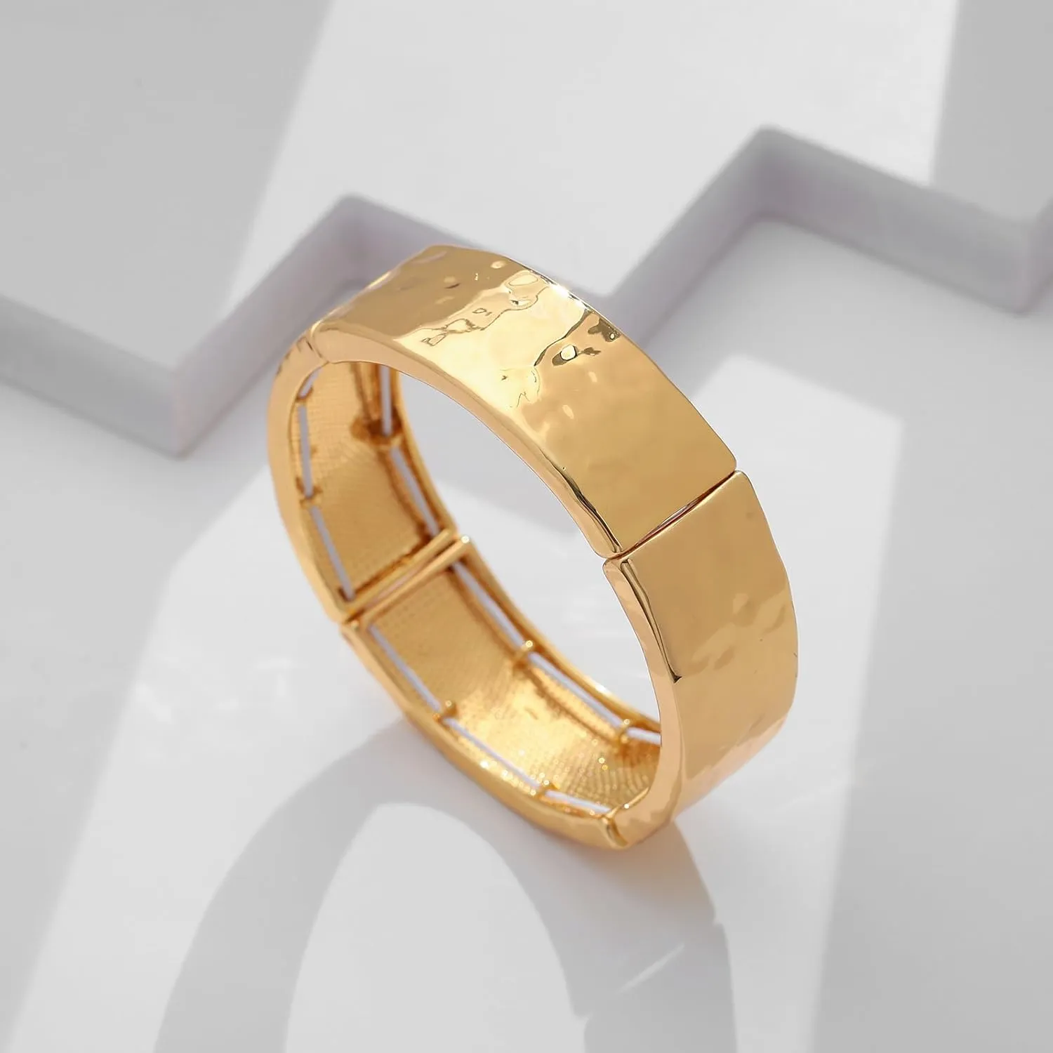 WOWORAMA Chunky Hammered Bangle Bracelets for Women Wide Gold Stretch Bangles Bracelet Boho Elastic Adjustable Statement Bracelet