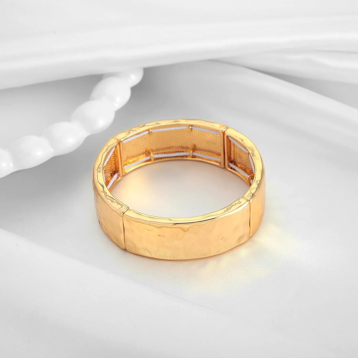 WOWORAMA Chunky Hammered Bangle Bracelets for Women Wide Gold Stretch Bangles Bracelet Boho Elastic Adjustable Statement Bracelet