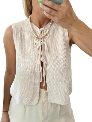 Wyeysyt Womens Crochet Sweater Vest Sleeveless Crew Neck Tie Front Tops Open Front Knit Cardigan