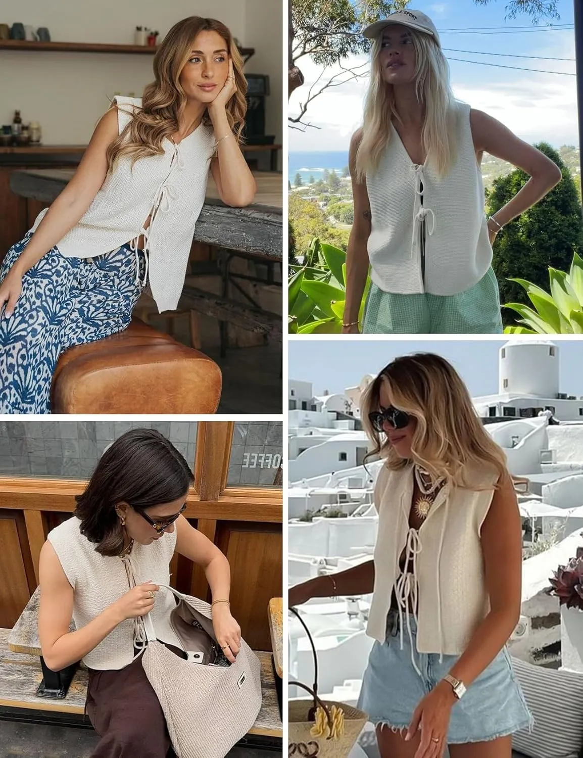 Wyeysyt Womens Crochet Sweater Vest Sleeveless Crew Neck Tie Front Tops Open Front Knit Cardigan