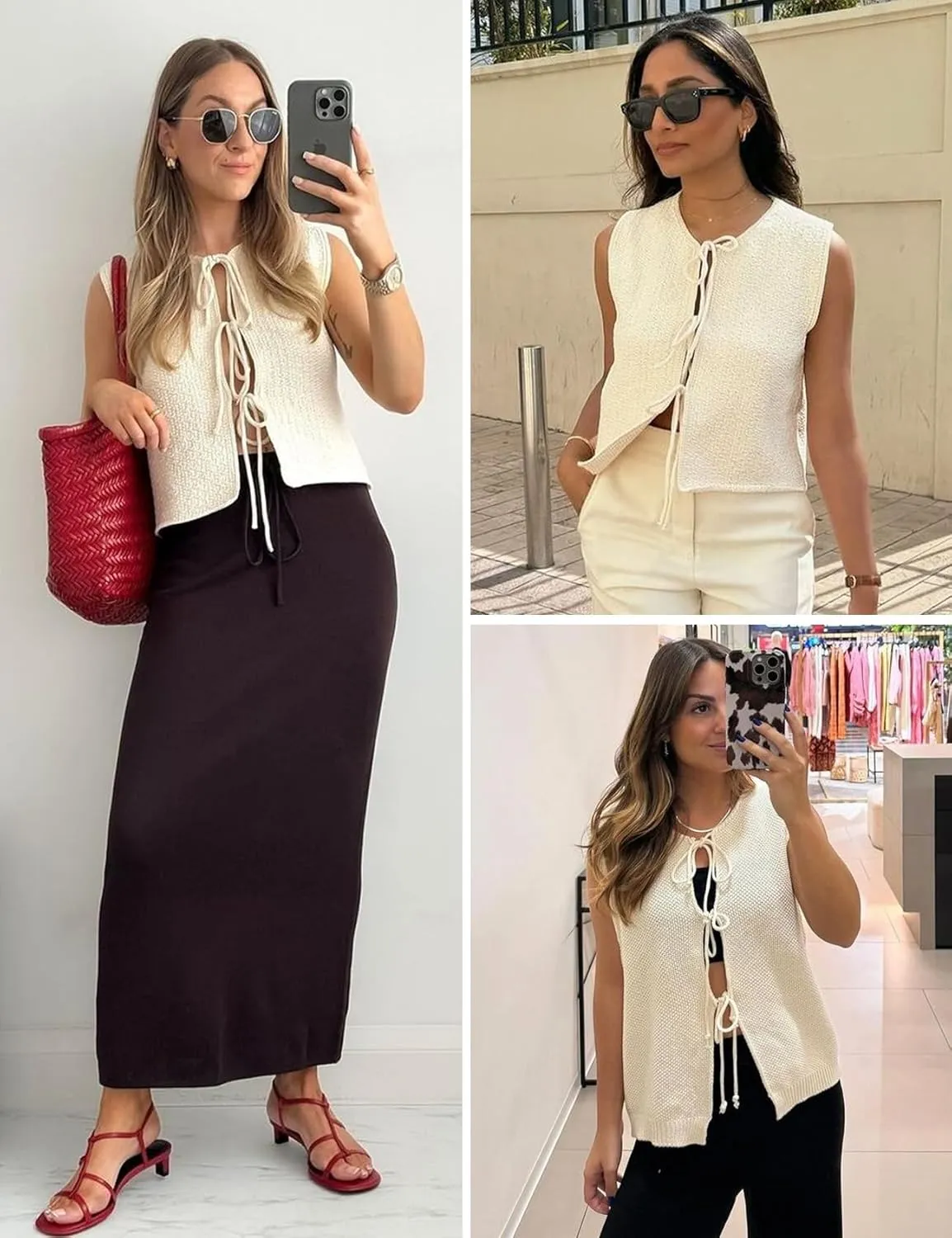 Wyeysyt Womens Crochet Sweater Vest Sleeveless Crew Neck Tie Front Tops Open Front Knit Cardigan