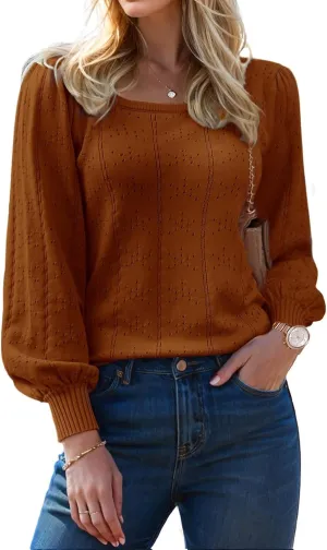 XINWEZZ Womens Sweaters Fall 2024 Casual Puff Long Sleeve Square Neck Cozy Knitted Pullover Sweater Tops Trendy Outfits