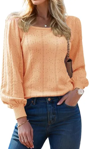 XINWEZZ Womens Sweaters Fall 2024 Casual Puff Long Sleeve Square Neck Cozy Knitted Pullover Sweater Tops Trendy Outfits