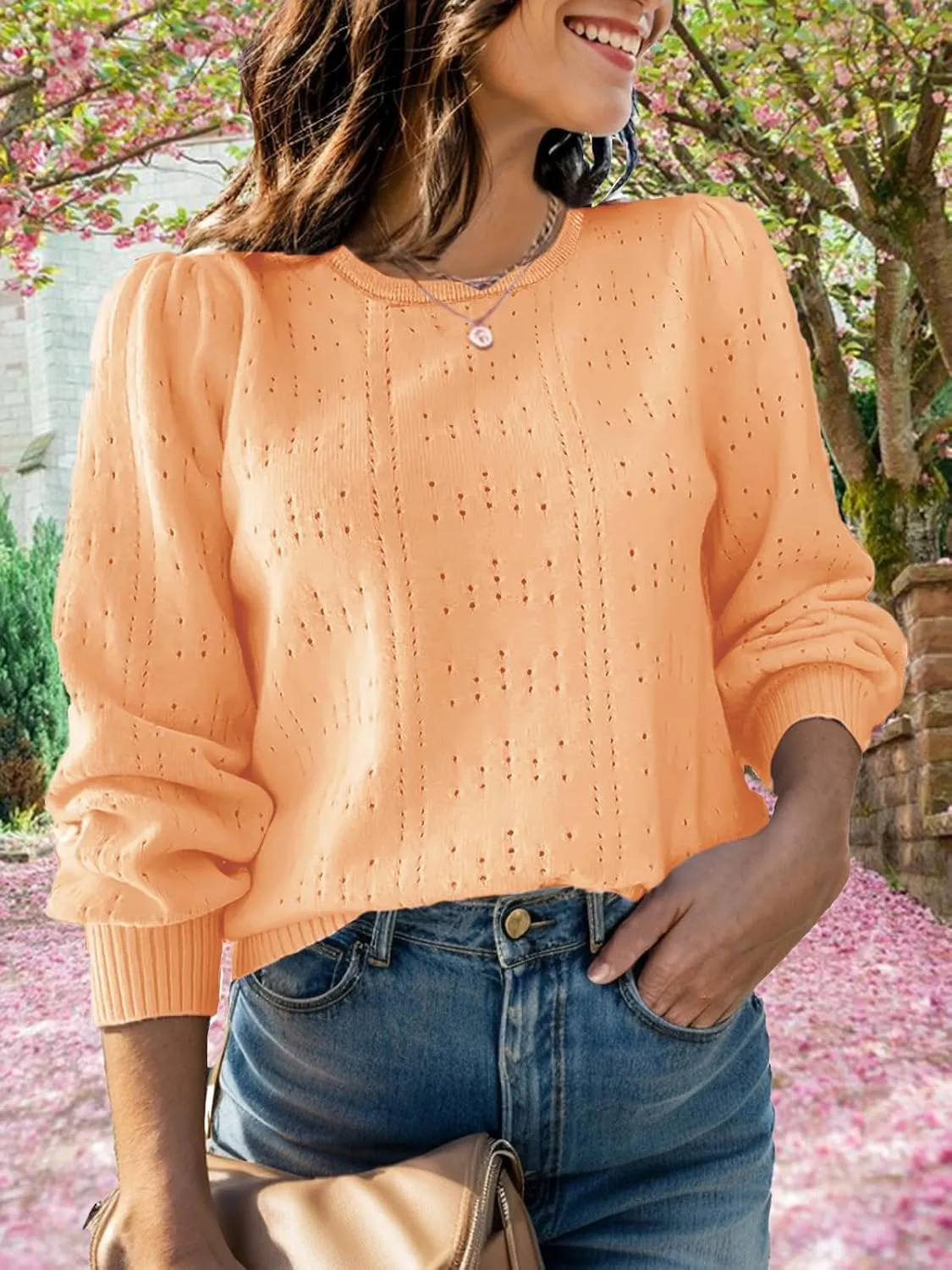 XINWEZZ Womens Sweaters Fall 2024 Casual Puff Long Sleeve Square Neck Cozy Knitted Pullover Sweater Tops Trendy Outfits