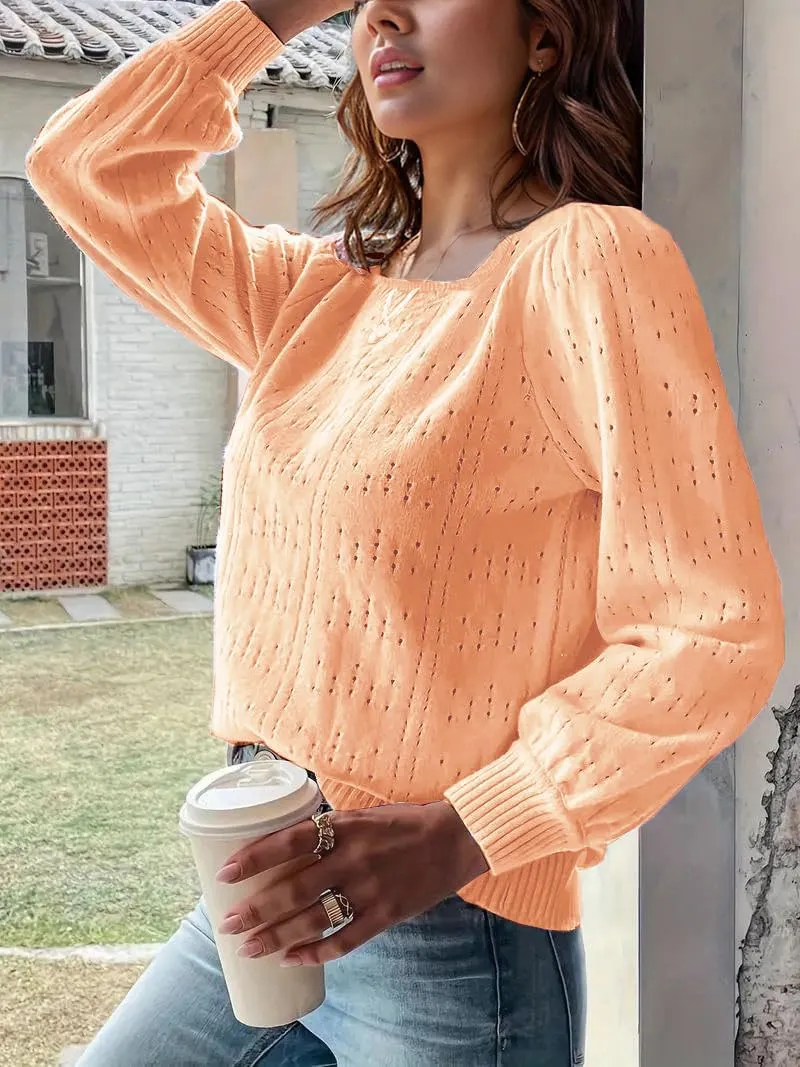 XINWEZZ Womens Sweaters Fall 2024 Casual Puff Long Sleeve Square Neck Cozy Knitted Pullover Sweater Tops Trendy Outfits