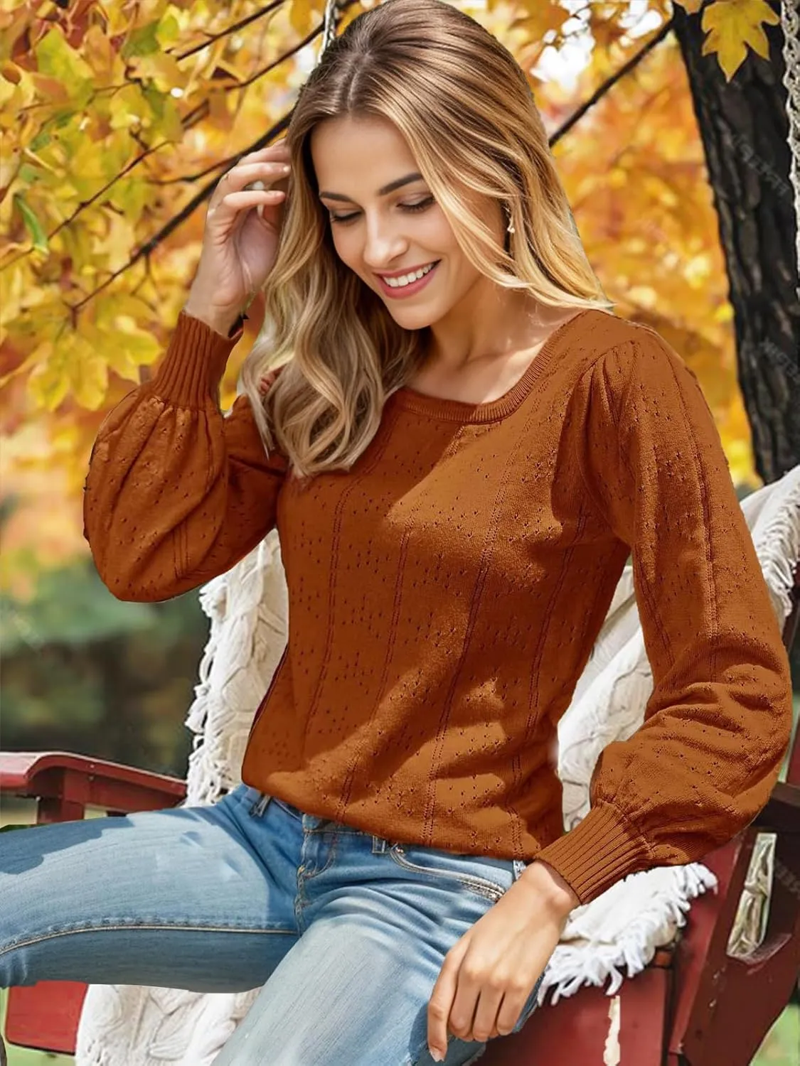 XINWEZZ Womens Sweaters Fall 2024 Casual Puff Long Sleeve Square Neck Cozy Knitted Pullover Sweater Tops Trendy Outfits