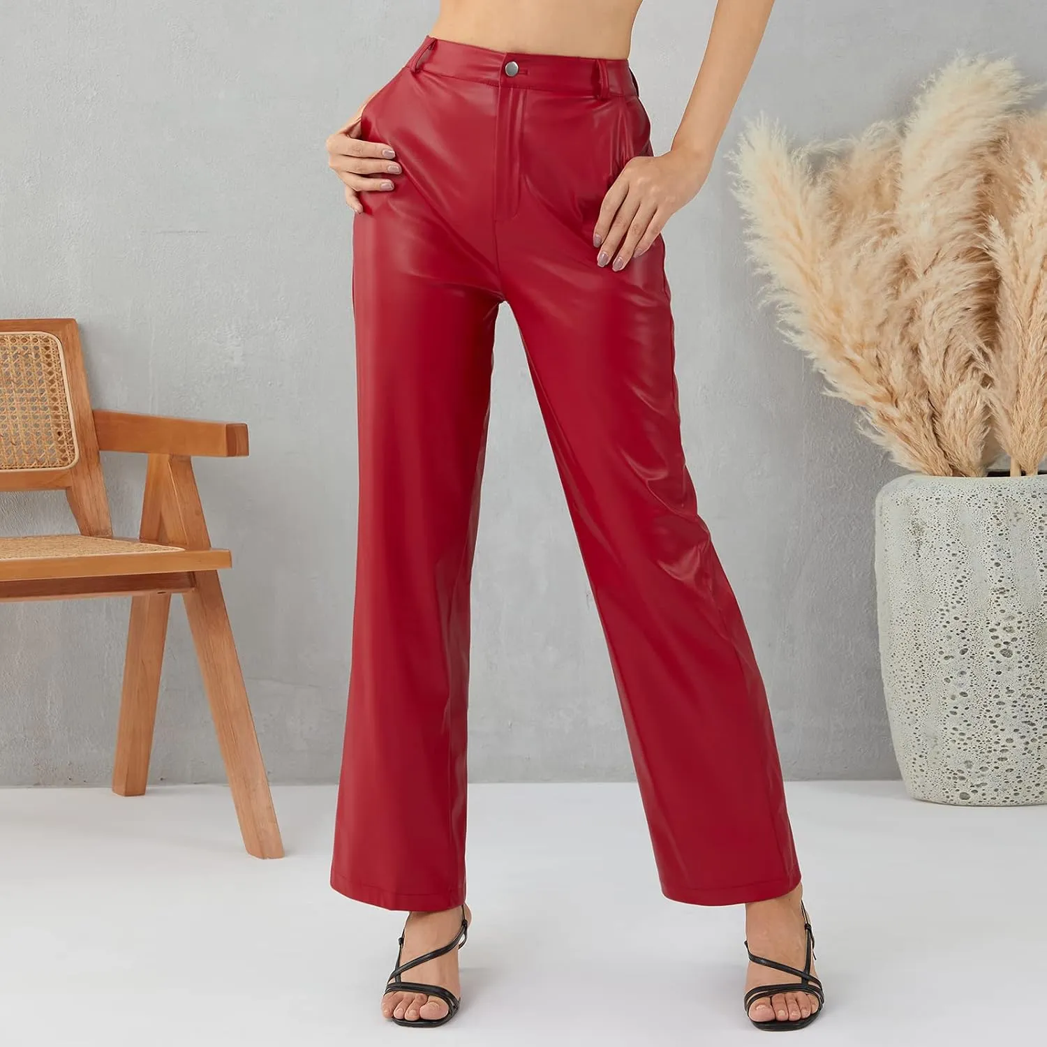 Y2K Leather Pants for Women Vintage Faux Leather Pockets Straight Leg Trousers