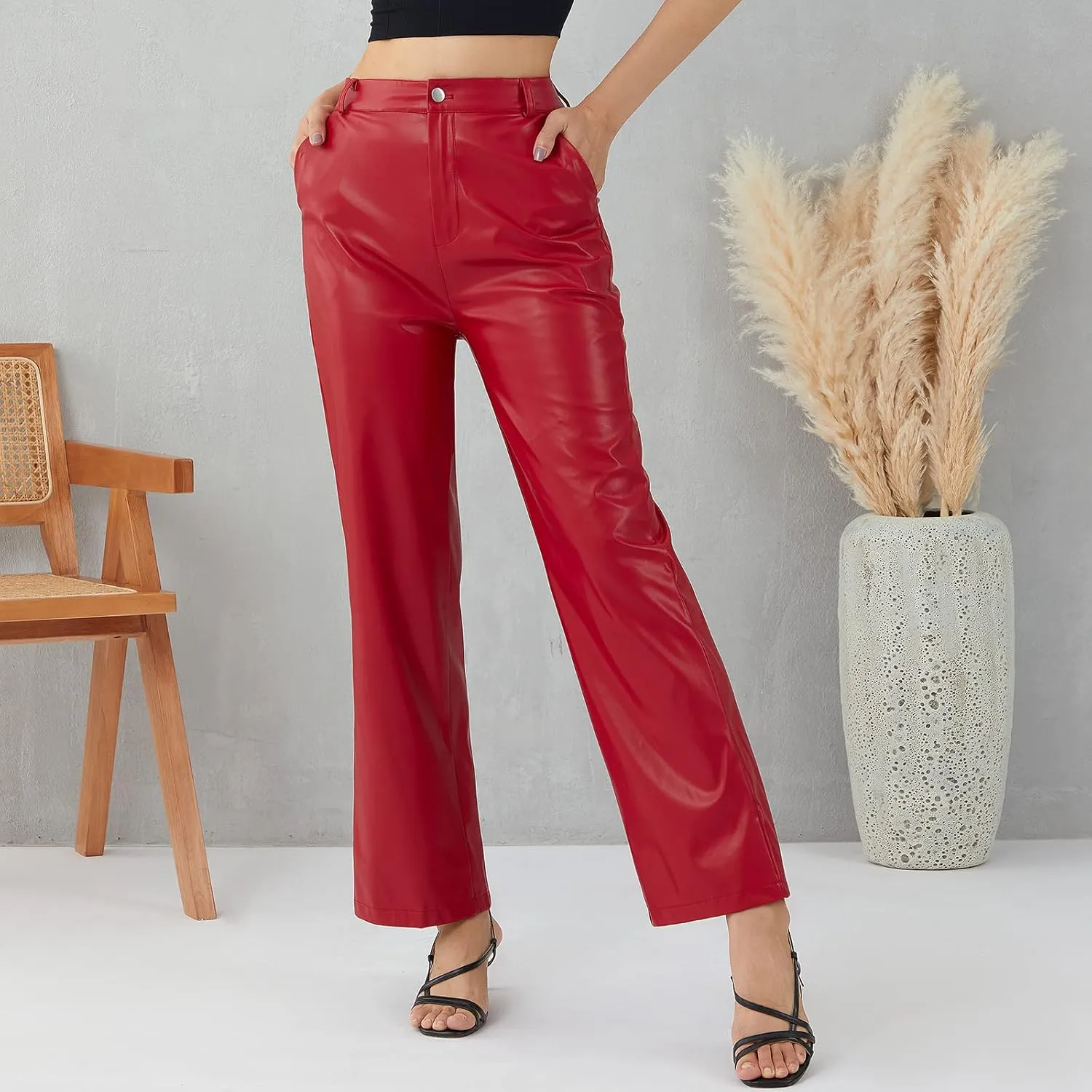 Y2K Leather Pants for Women Vintage Faux Leather Pockets Straight Leg Trousers
