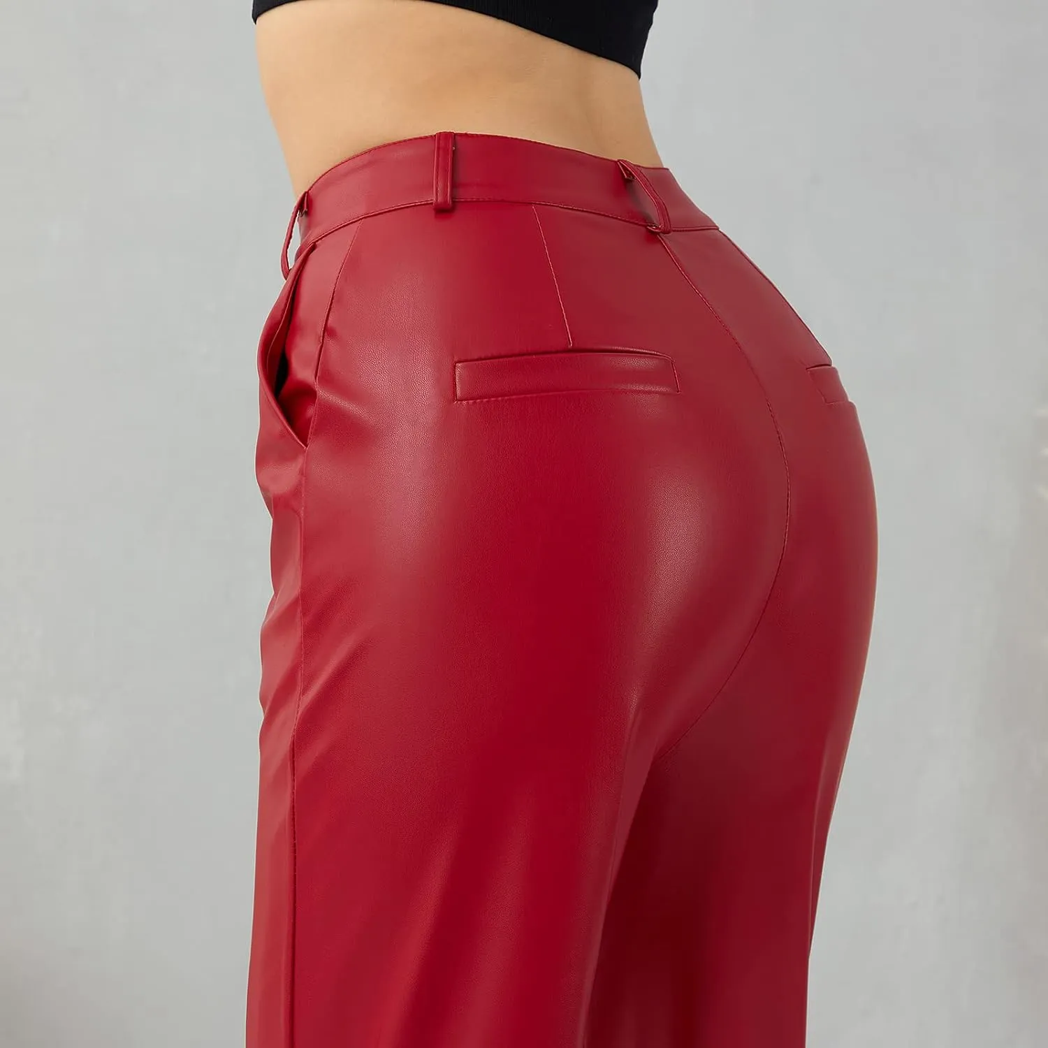 Y2K Leather Pants for Women Vintage Faux Leather Pockets Straight Leg Trousers