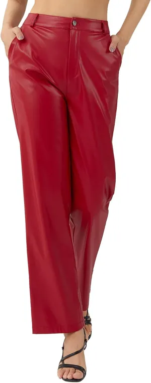 Y2K Leather Pants for Women Vintage Faux Leather Pockets Straight Leg Trousers