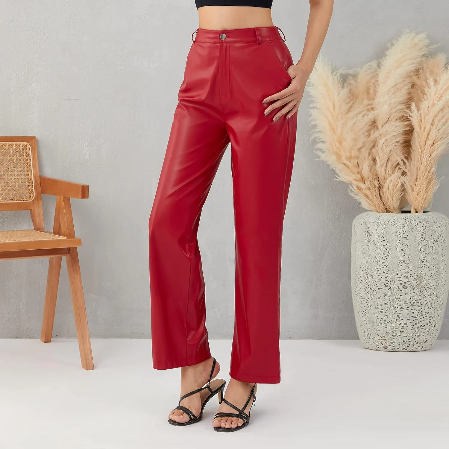 Y2K Leather Pants for Women Vintage Faux Leather Pockets Straight Leg Trousers