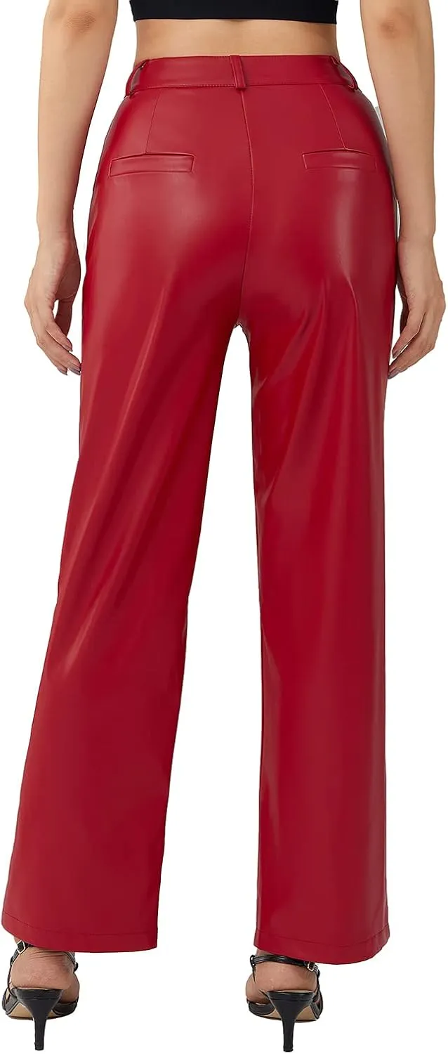 Y2K Leather Pants for Women Vintage Faux Leather Pockets Straight Leg Trousers