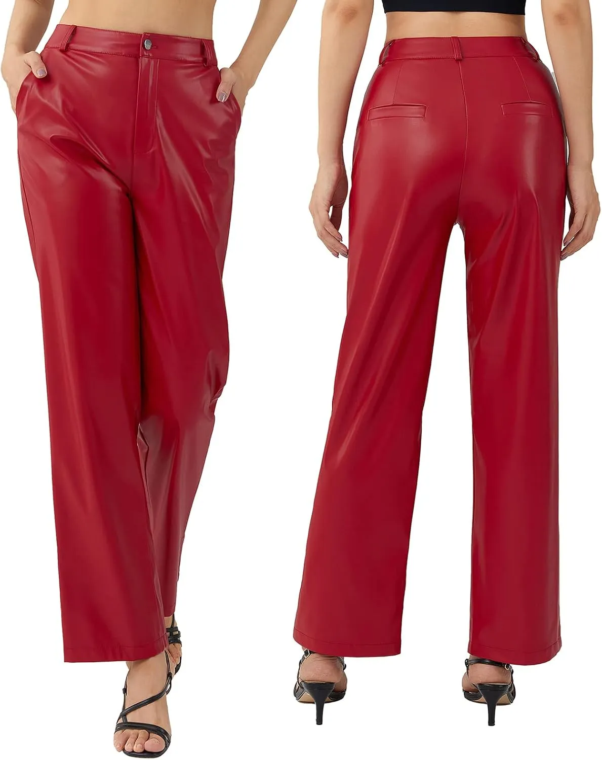 Y2K Leather Pants for Women Vintage Faux Leather Pockets Straight Leg Trousers