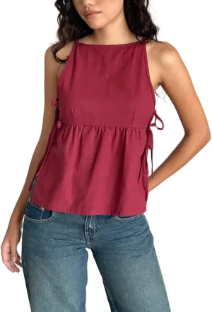 Y2k Women Tie Side Tank Top Crop Cute Sleeveless Lace Up Loose Vest Split Square Neck Going Out Shirts Summer