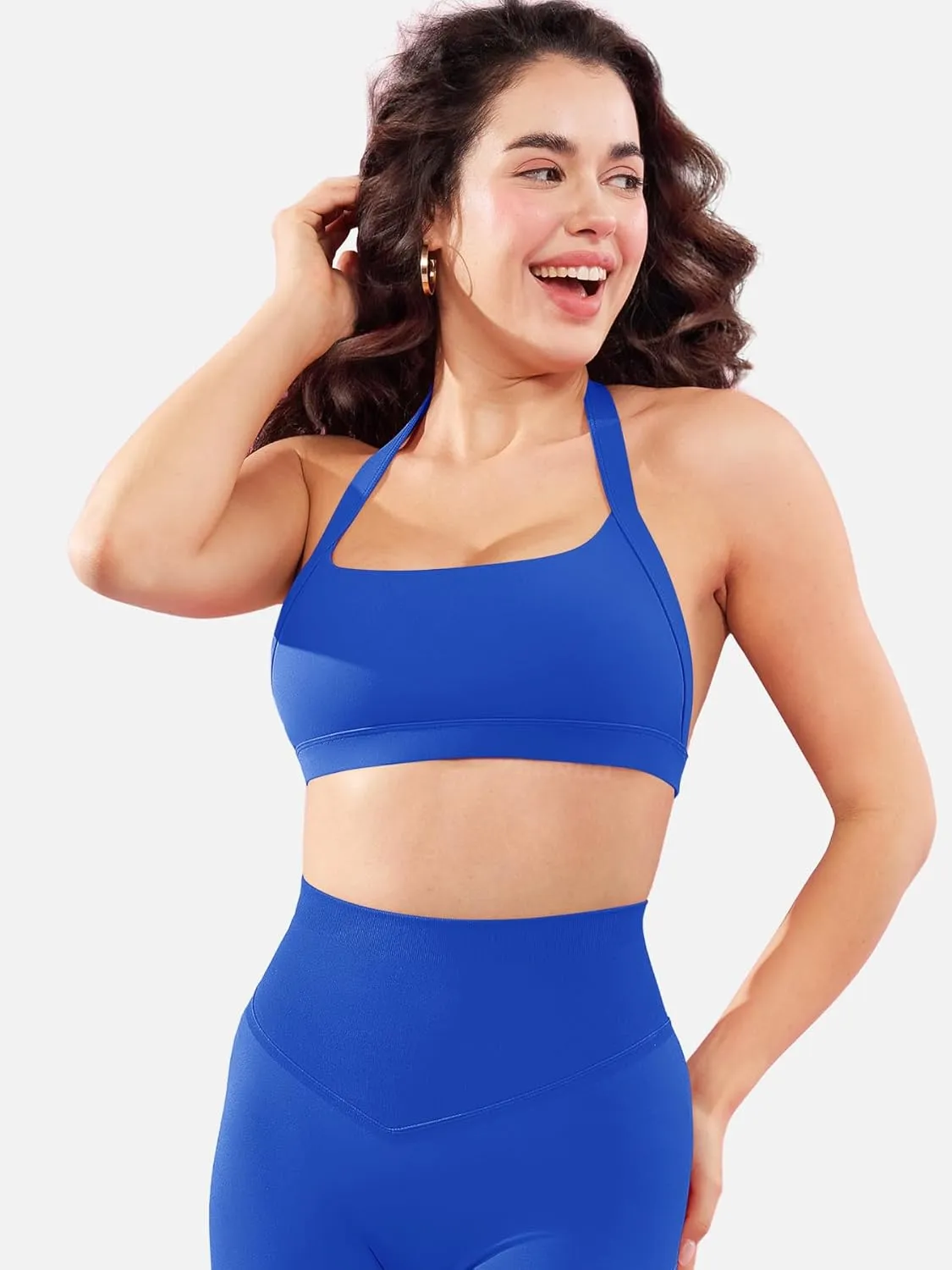 YEOREO Roxanie Women Halter Sports Bra Scoop Neck Removable Padded Open Back Yoga Workout Crop Tank Top
