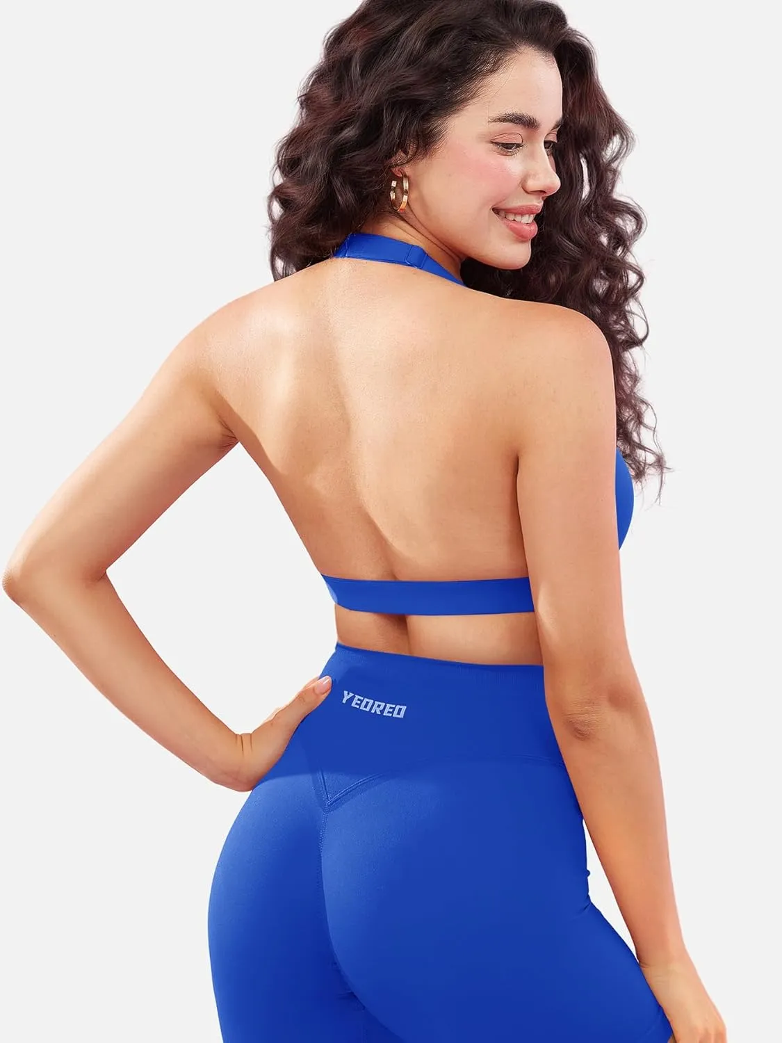 YEOREO Roxanie Women Halter Sports Bra Scoop Neck Removable Padded Open Back Yoga Workout Crop Tank Top