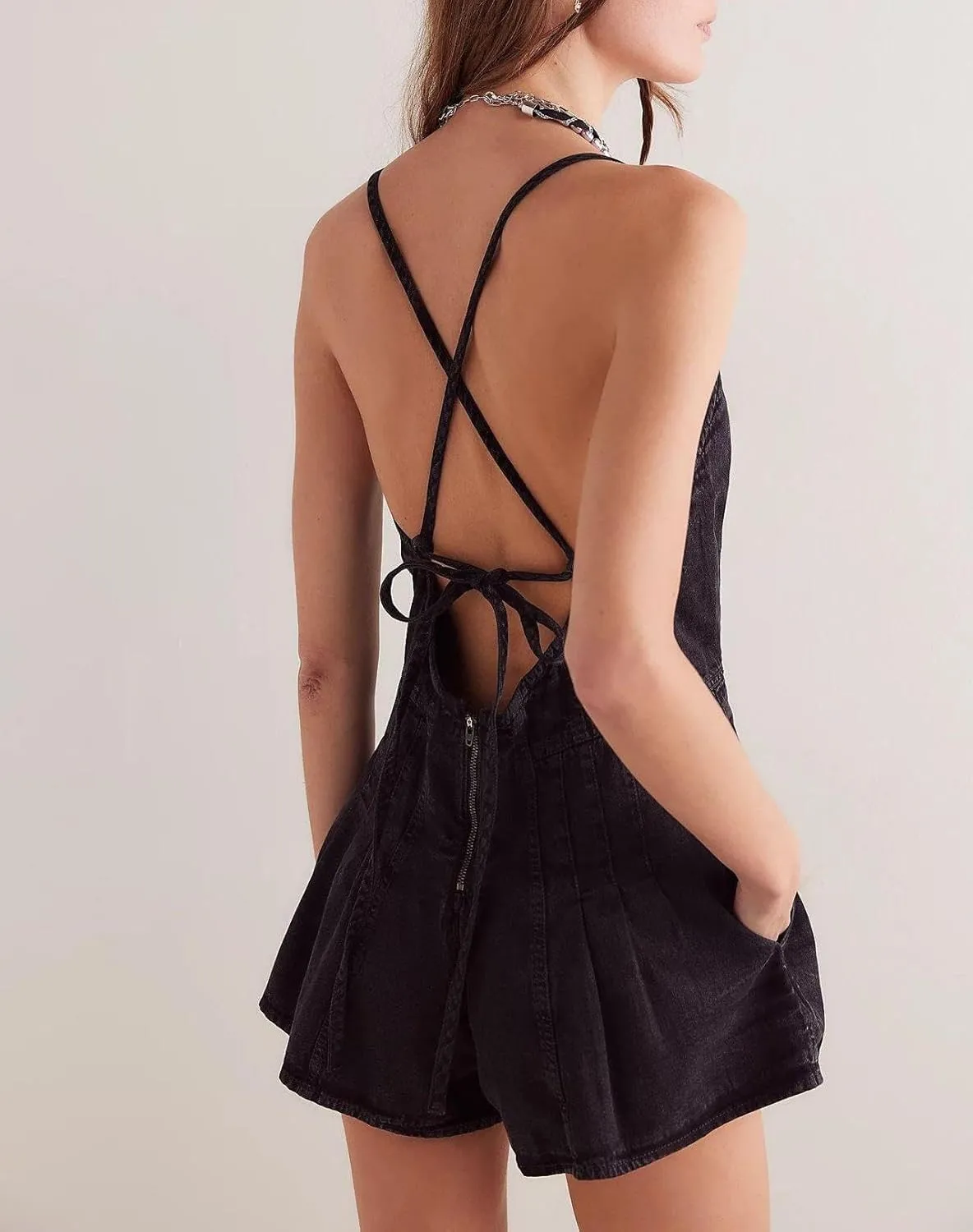 yoeasy Women's Sleeveless Deep V Neck Shorts Denim Romper Spaghetti Strap Tie Backless Ruffle Jean Overalls