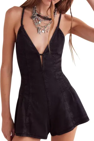 yoeasy Women's Sleeveless Deep V Neck Shorts Denim Romper Spaghetti Strap Tie Backless Ruffle Jean Overalls