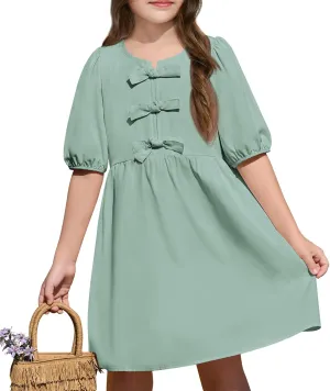 Yousify Girls Summer Dresses Cute Toddler Puff Short Sleeve Dresses A-Lined Flowy Trendy Bow tie Mini Dress Kids Outfits