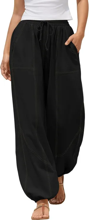 ZAFUL Women Linen Pants Summer Cinch Bottom Wide Leg Drawstring Waist Casual Pant 2025 Travel Vacation Outfits with Pockets