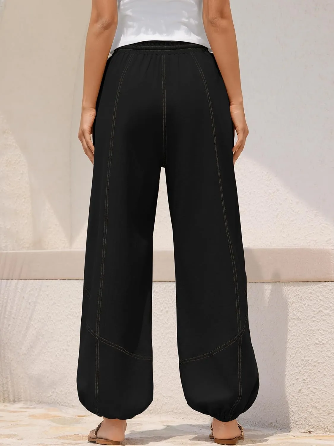 ZAFUL Women Linen Pants Summer Cinch Bottom Wide Leg Drawstring Waist Casual Pant 2025 Travel Vacation Outfits with Pockets