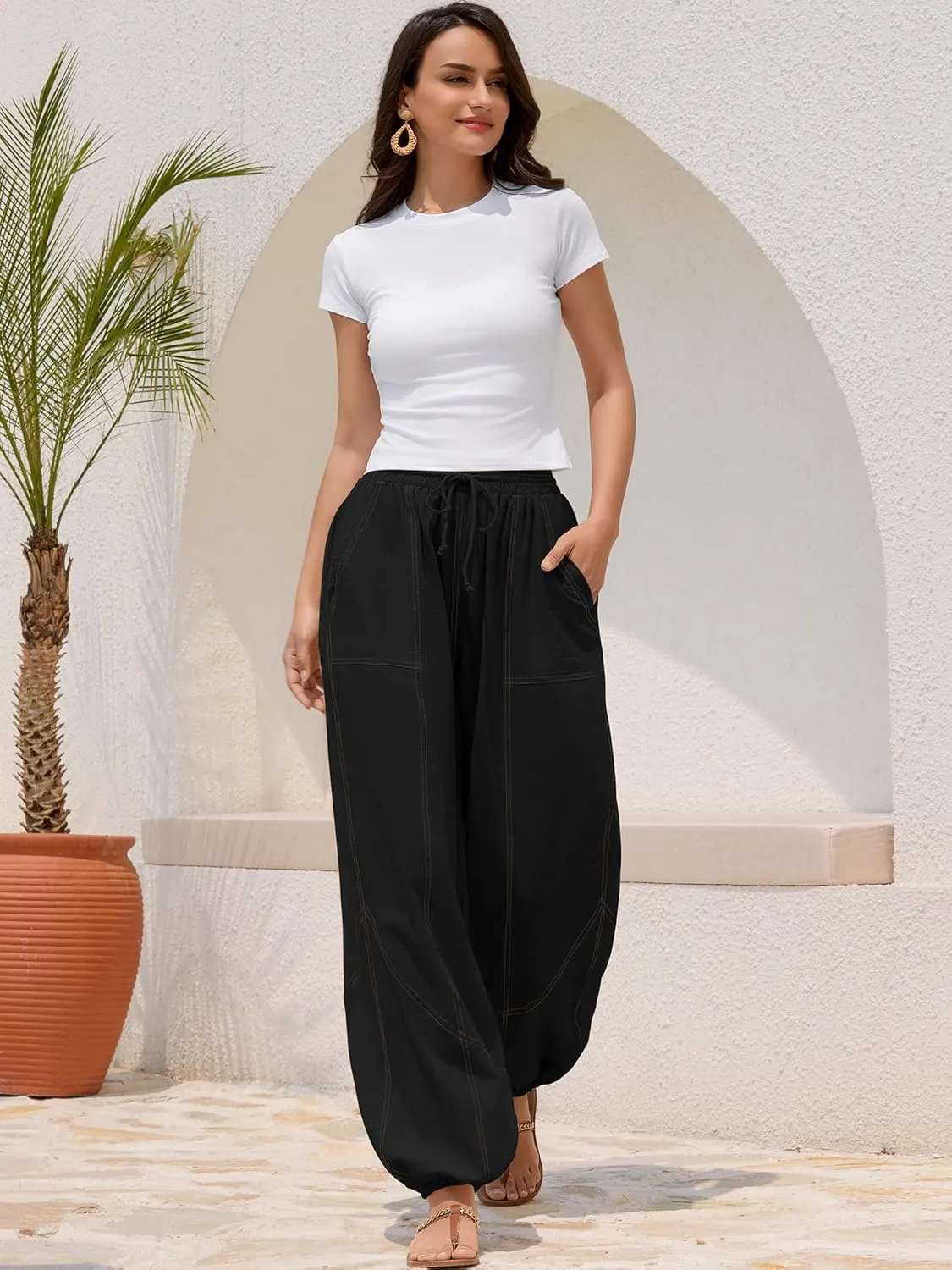 ZAFUL Women Linen Pants Summer Cinch Bottom Wide Leg Drawstring Waist Casual Pant 2025 Travel Vacation Outfits with Pockets