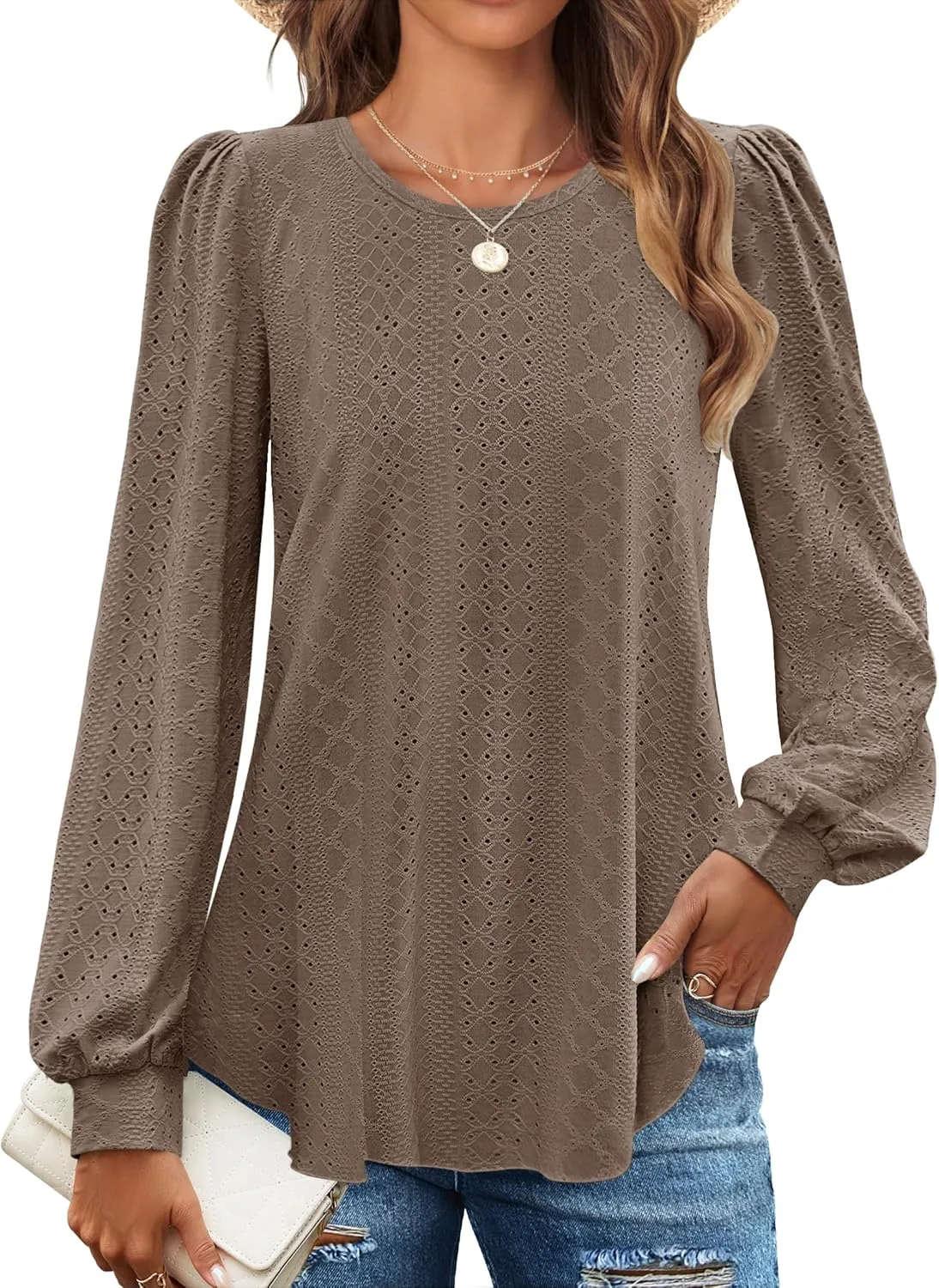 ZESICA Long Sleeve Eyelet Tops for Womens Crew Neck Fall Shirts Casual Loose Blouses 2025 Trendy Clothes