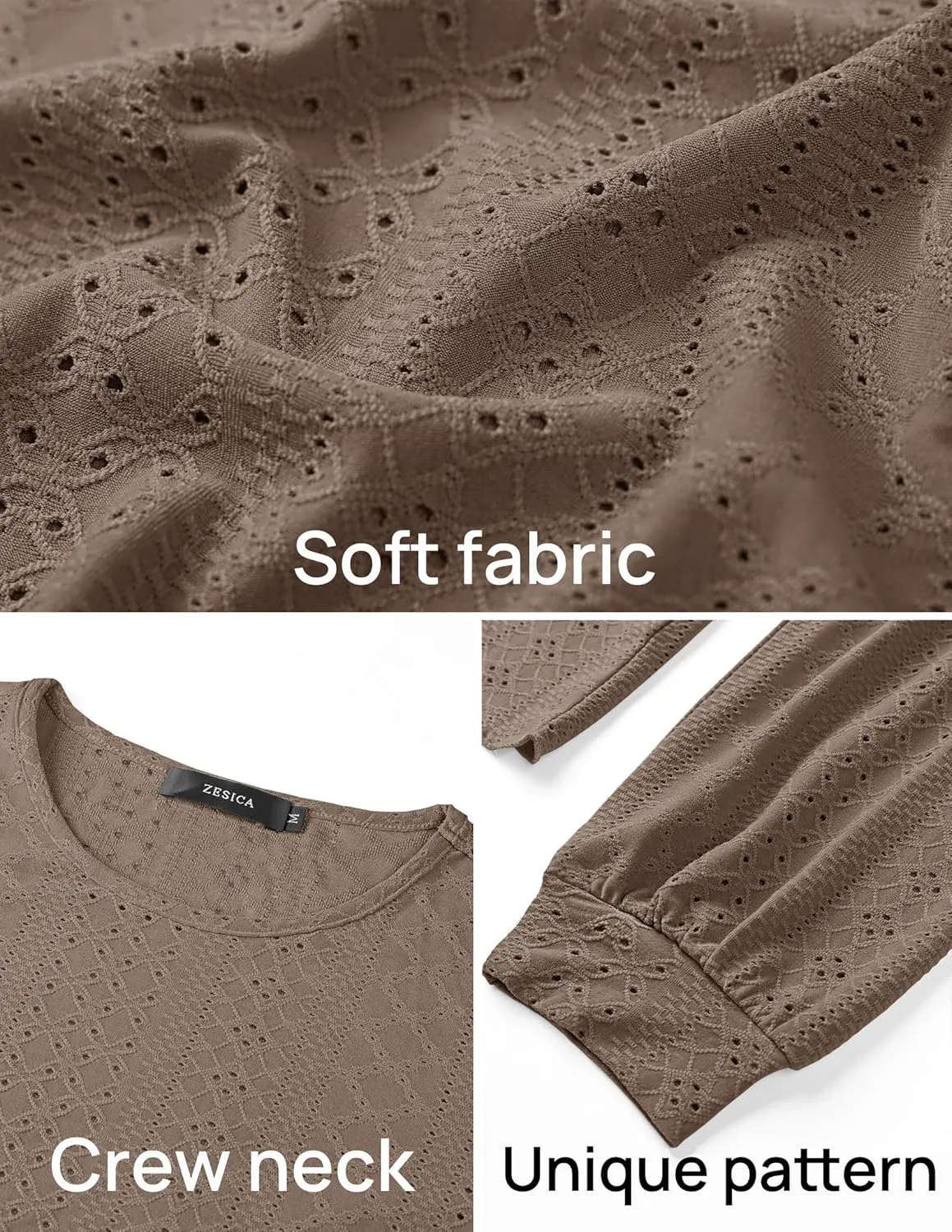 ZESICA Long Sleeve Eyelet Tops for Womens Crew Neck Fall Shirts Casual Loose Blouses 2025 Trendy Clothes