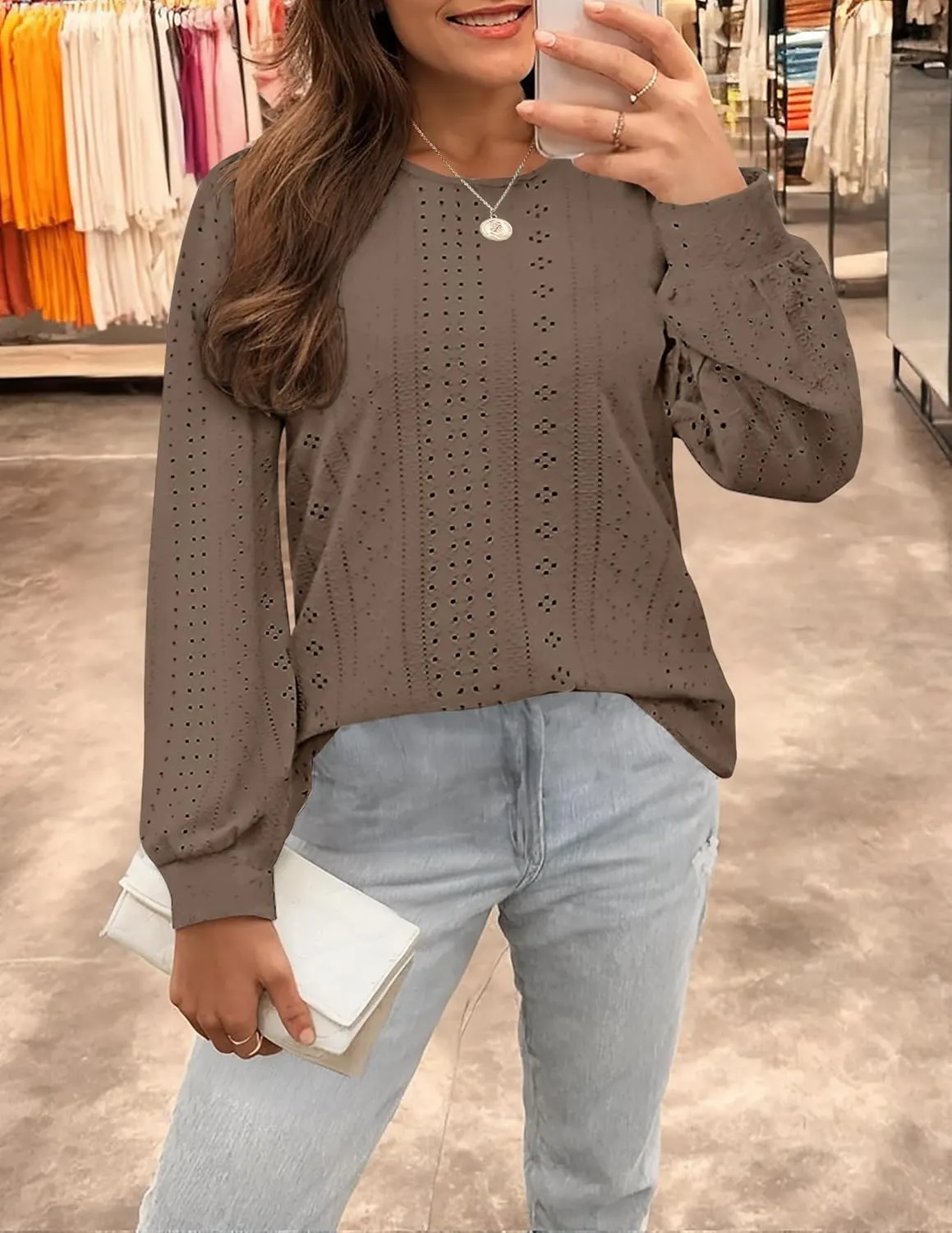 ZESICA Long Sleeve Eyelet Tops for Womens Crew Neck Fall Shirts Casual Loose Blouses 2025 Trendy Clothes
