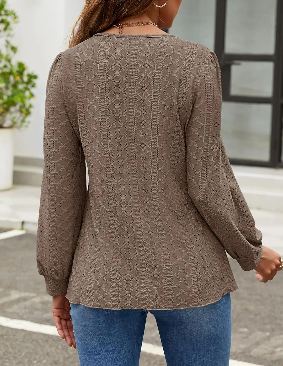 ZESICA Long Sleeve Eyelet Tops for Womens Crew Neck Fall Shirts Casual Loose Blouses 2025 Trendy Clothes