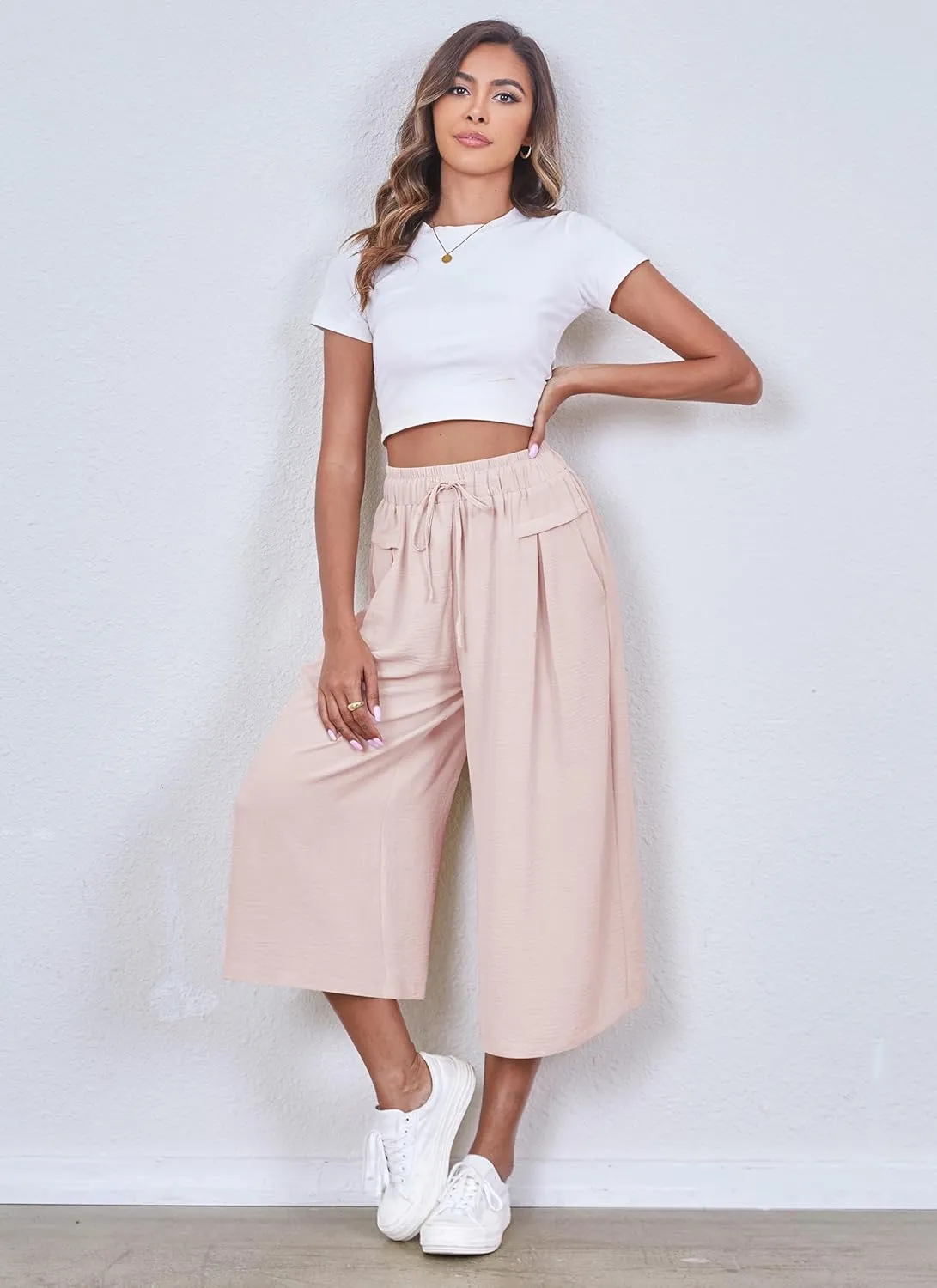 ZJCT Womens Capri Pants Summer Beach Crop Wide Leg Palazzo Capris with Pockets
