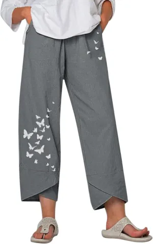 ZOCAVIA Women's Cotton Linen Casual Summer Capri Pants Cropped Comfy Baggy Trousers with Pockets Palazzo Lounge Pants
